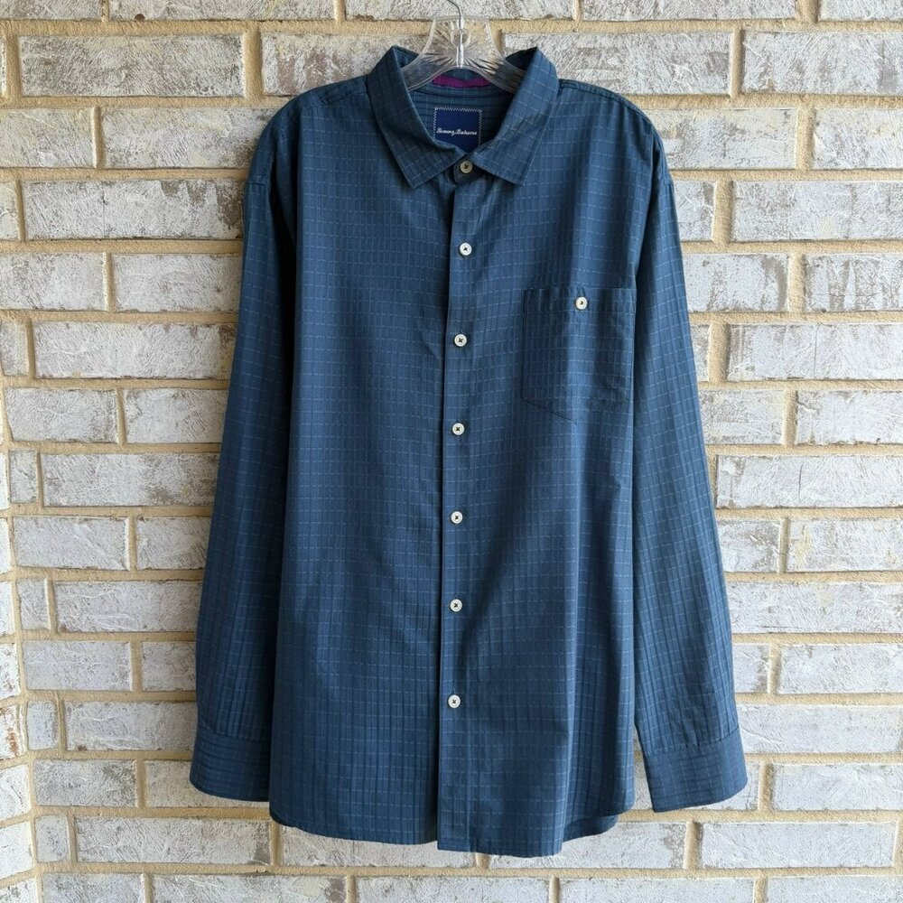 Tommy Bahama Long Sleeve Button Front Textured Plaid Blue Shirt  Men's Size XL.
